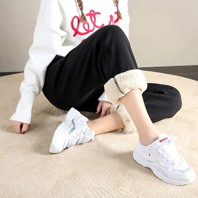 2021 Winter Women Fleece Pants Solid Color Thick Plush Warm Trousers Female Casual Drawstring Workout Leggings Loose Sweatpants