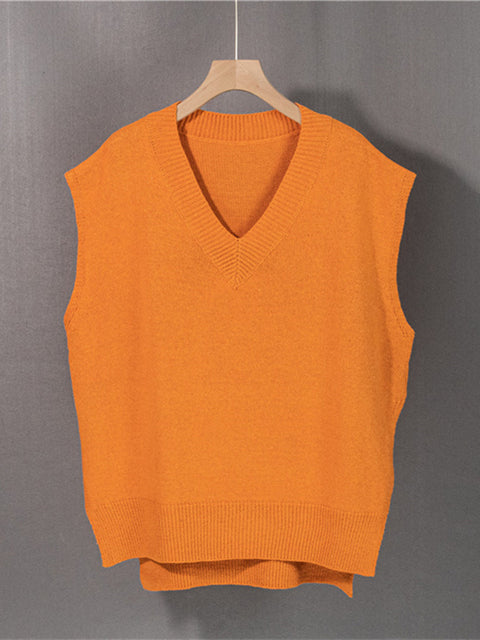 Colorfaith 2022 Autumn Winter Y2K Women Pullovers Waistcoat Sweater Vest Knitted Irregular Split Retro V-neck Tops SWV1251