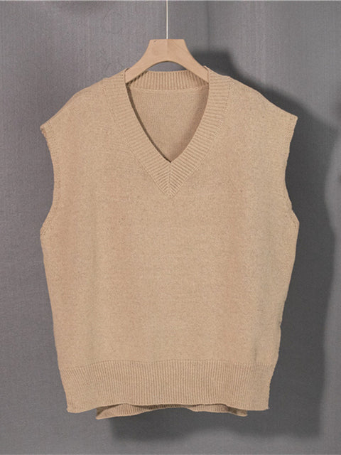Colorfaith 2022 Autumn Winter Y2K Women Pullovers Waistcoat Sweater Vest Knitted Irregular Split Retro V-neck Tops SWV1251