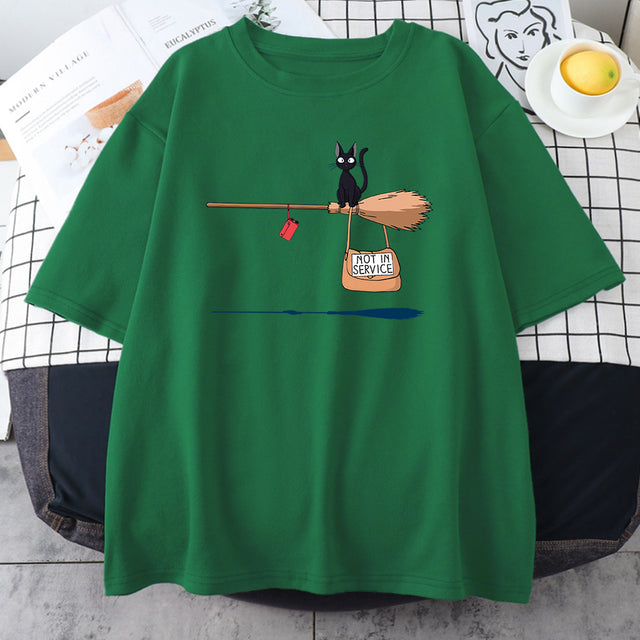Cute Cat Not In Service Comics Printing Women Soft Cartoons Soft Tshirt Fashion Crewneck Tshirts Vintage Loose T Shirts Couple