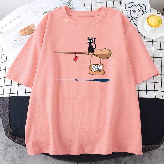 Cute Cat Not In Service Comics Printing Women Soft Cartoons Soft Tshirt Fashion Crewneck Tshirts Vintage Loose T Shirts Couple