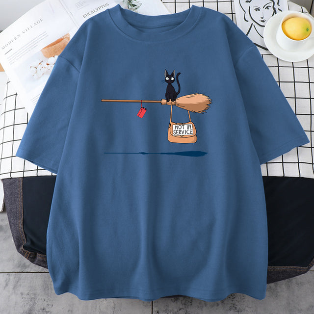 Cute Cat Not In Service Comics Printing Women Soft Cartoons Soft Tshirt Fashion Crewneck Tshirts Vintage Loose T Shirts Couple