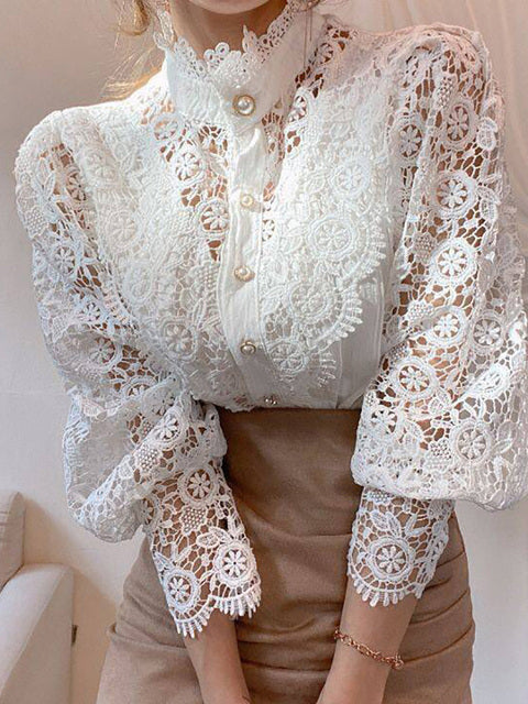 Elegant Women's Blouse Vintage Lace Spliced Long Sleeve Pink Button Up Woman Shirt Tops 2022 Fashion Casual Ladies Blouses Top