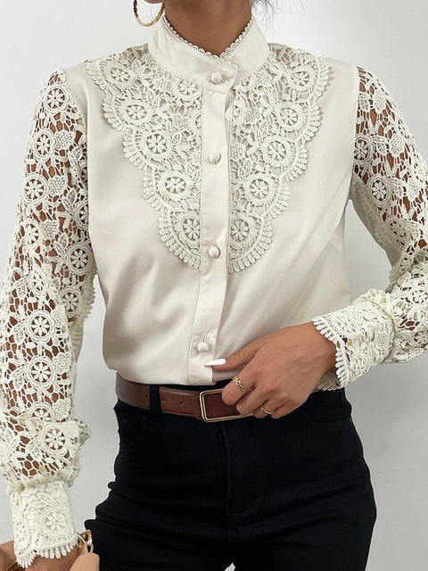 Elegant Women's Blouse Vintage Lace Spliced Long Sleeve Pink Button Up Woman Shirt Tops 2022 Fashion Casual Ladies Blouses Top