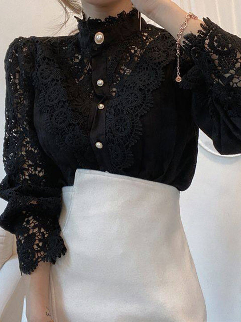 Elegant Women's Blouse Vintage Lace Spliced Long Sleeve Pink Button Up Woman Shirt Tops 2022 Fashion Casual Ladies Blouses Top