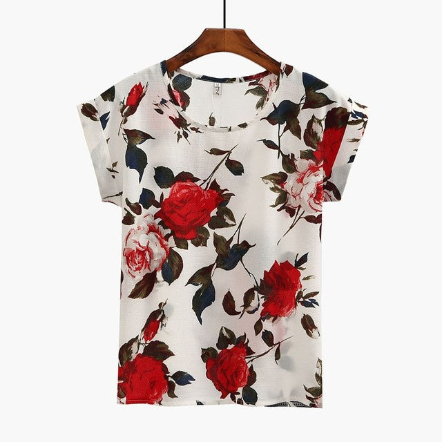 Fashion Floral Print Blouse Pullover Ladies Chiffon Blouses Shirts Vintage Printed Casual Short Sleeve Women Tops Summer