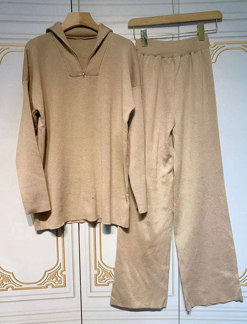Free Shipping Casual Autumn Loose Knit Sweater Set Fashion Zip Lapel Long Sleeve Pullover Sweater & Straight Pants Two-piece Set