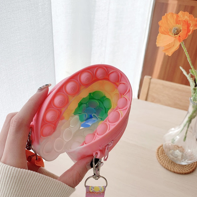 New Kawaii Rainbow Bag Pop Fidget Toys It Push Bubble Women's Wallet Bag Kids Coin Purse Simple Dimple Anti Stress for Childrens
