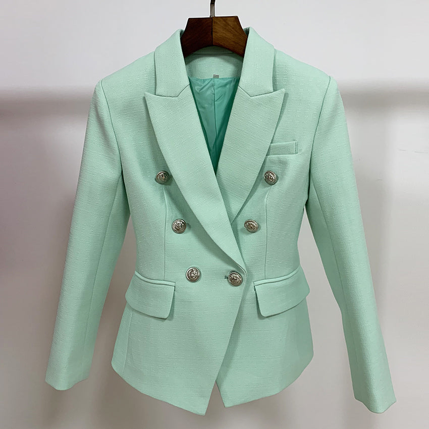 HIGH STREET 2022 Classic Baroque Designer Blazer Jacket Women's Metal Lion Buttons Double Breasted Textured Blazer Mint Green