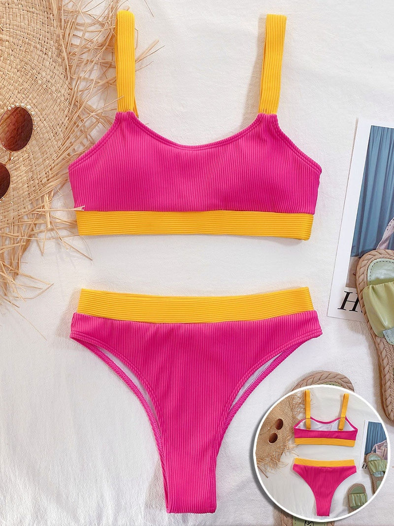 INGAGA High Waist Bikini Women's Swimsuit 2022 New Swimwear Ribbed Biquini Sexy Push Up Bikini Set Colorblock Bathing Suit Women