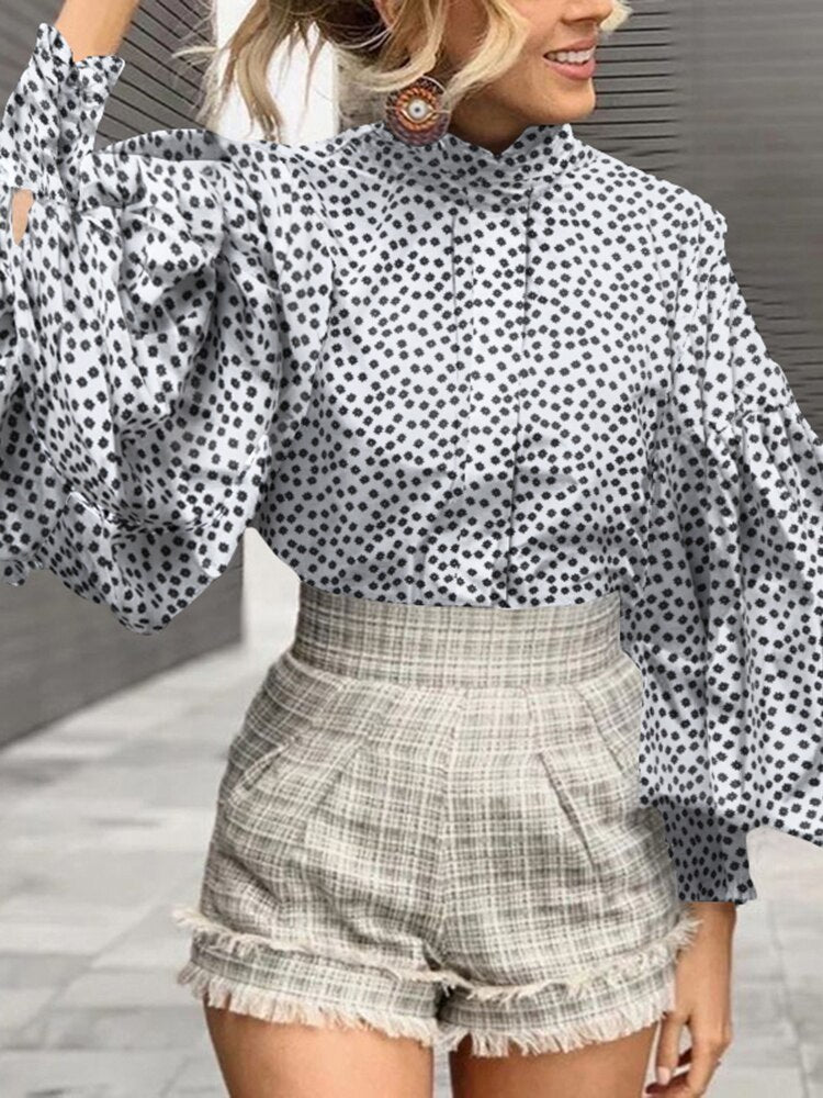 Celmia Fashion Women Big Lantern Sleeve Blouse Elegant Party Shirts 2022 Autumn Stand Collar Casual Solid Retro Top Tunic Blusas