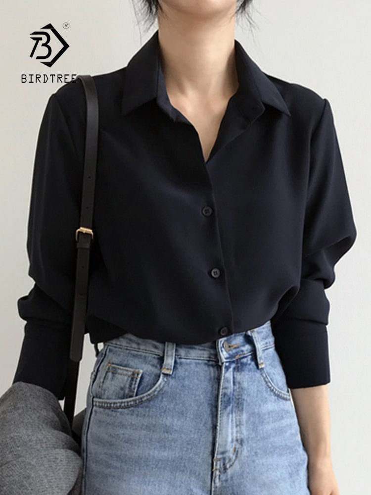 Summer New Arrival Women Solid Black Chiffon Blouse Long Sleeve Casual Shirt Women's Korean BF Style Chic Tops Feminina Blusa T0