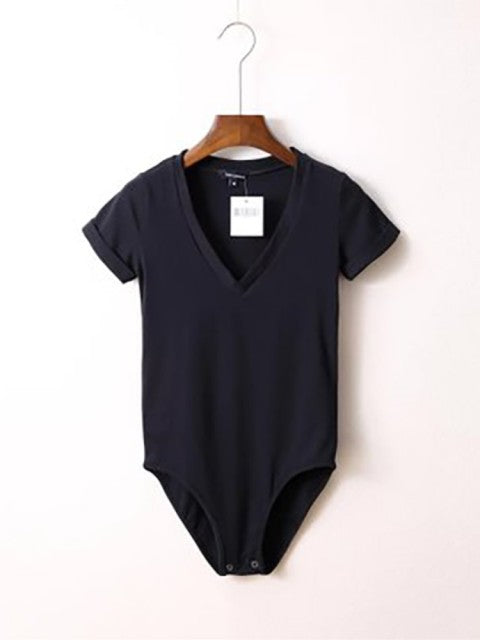 Summer New Solid Color Sexy Big V-neck Slim Slimming One-Piece Short-Sleeved T-Shirt Women's One-Piece Retro Shirt Dropshipping