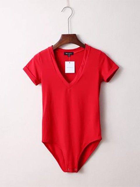 Summer New Solid Color Sexy Big V-neck Slim Slimming One-Piece Short-Sleeved T-Shirt Women's One-Piece Retro Shirt Dropshipping