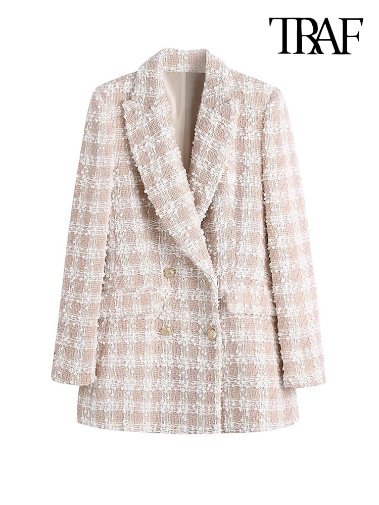 TRAF Women Fashion Tweed Double Breasted Blazer Coat Vintage Long Sleeve Flap Pockets Female Outerwear Chic Veste Femme