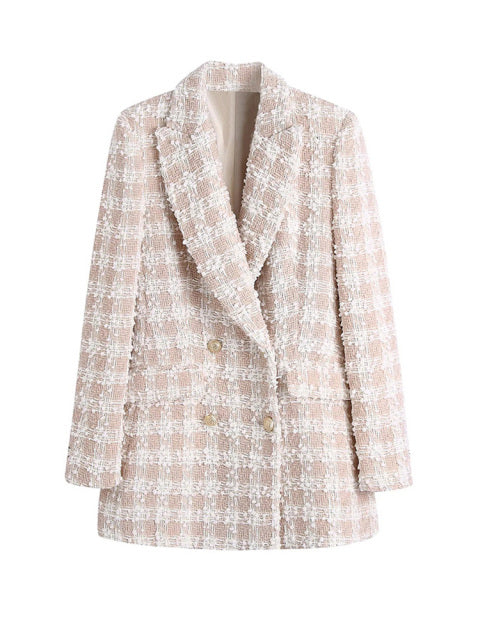 TRAF Women Fashion Tweed Double Breasted Blazer Coat Vintage Long Sleeve Flap Pockets Female Outerwear Chic Veste Femme