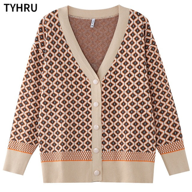 TYHRU Women's Knitting Sweater Color Matching Diamond Lattice Single-Breasted Buttons Loose Casual Knitted Cardigan Sweaters