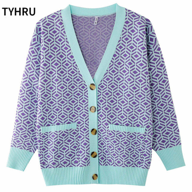 TYHRU Women's Knitting Sweater Color Matching Diamond Lattice Single-Breasted Buttons Loose Casual Knitted Cardigan Sweaters