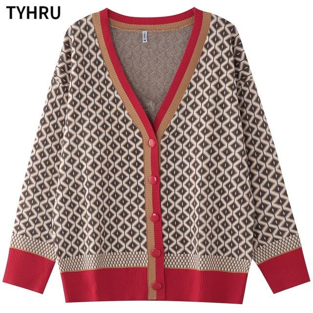 TYHRU Women's Knitting Sweater Color Matching Diamond Lattice Single-Breasted Buttons Loose Casual Knitted Cardigan Sweaters