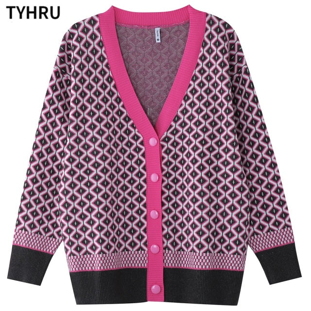 TYHRU Women's Knitting Sweater Color Matching Diamond Lattice Single-Breasted Buttons Loose Casual Knitted Cardigan Sweaters