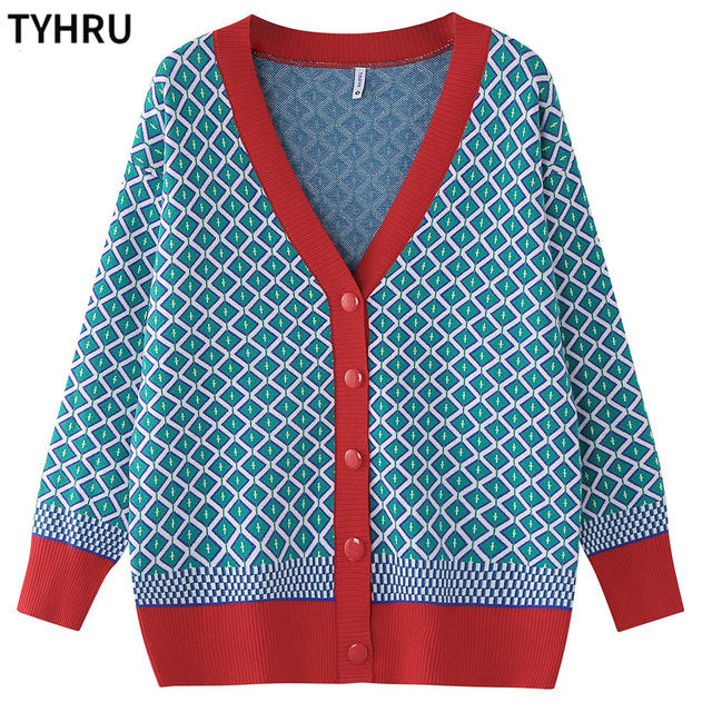 TYHRU Women's Knitting Sweater Color Matching Diamond Lattice Single-Breasted Buttons Loose Casual Knitted Cardigan Sweaters