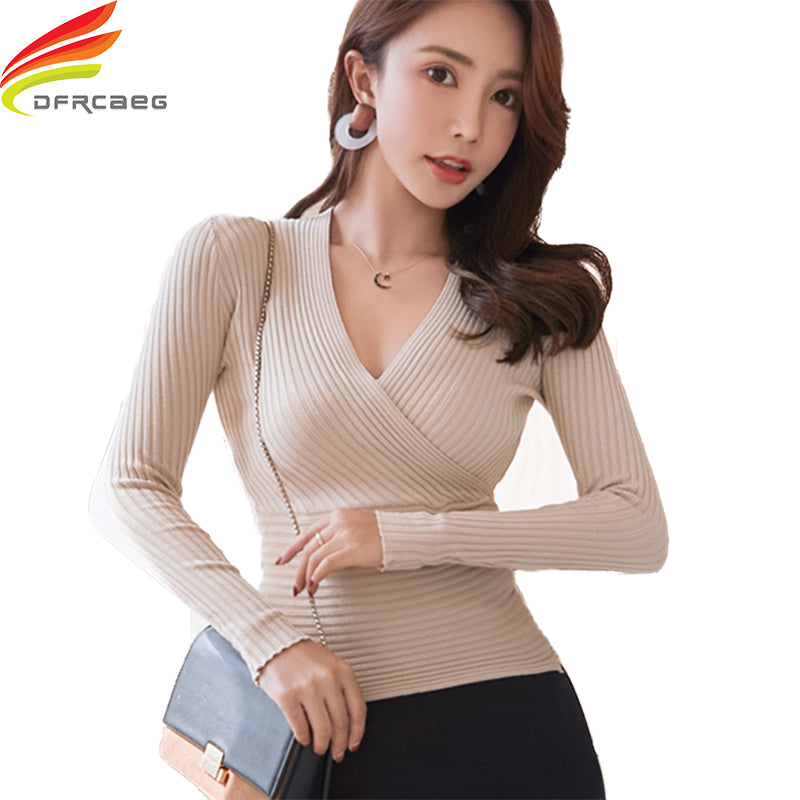 2020 New Sexy Deep V Neck Sweater Women&#39;s Pullover Casual Slim Bottoming Sweaters Female Elastic Cotton Long Sleeve Tops Femme