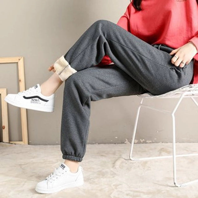 2021 Winter Women Fleece Pants Solid Color Thick Plush Warm Trousers Female Casual Drawstring Workout Leggings Loose Sweatpants