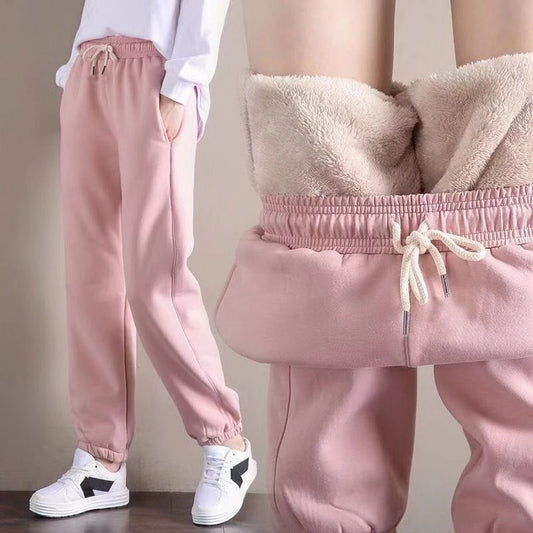 2021 Winter Women Fleece Pants Solid Color Thick Plush Warm Trousers Female Casual Drawstring Workout Leggings Loose Sweatpants