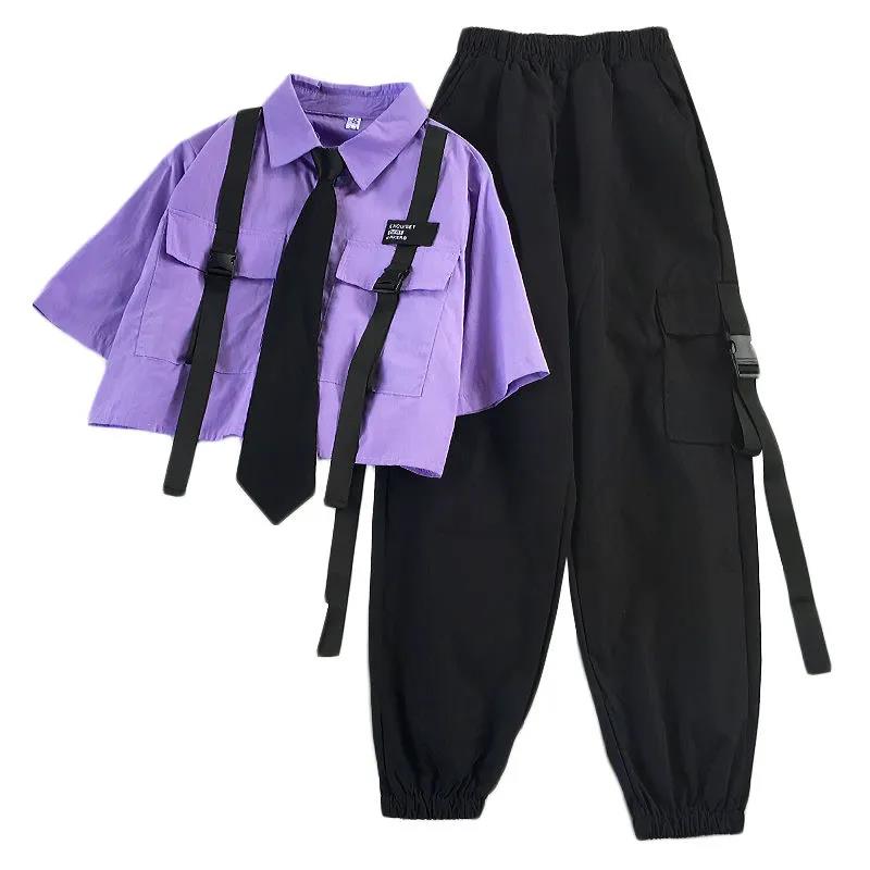 2022 Autumn Streetwear Pants High-Waist Straight Ribbon Cargo Pants Student Loose Short-Sleeved Shirt with Tie two-piece Set