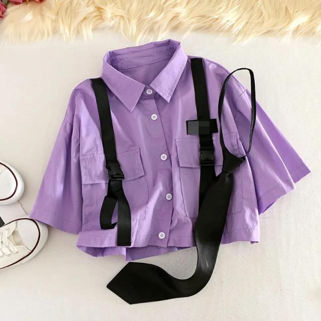 2022 Autumn Streetwear Pants High-Waist Straight Ribbon Cargo Pants Student Loose Short-Sleeved Shirt with Tie two-piece Set