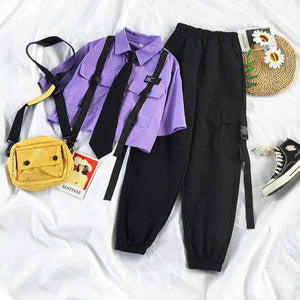 2022 Autumn Streetwear Pants High-Waist Straight Ribbon Cargo Pants Student Loose Short-Sleeved Shirt with Tie two-piece Set