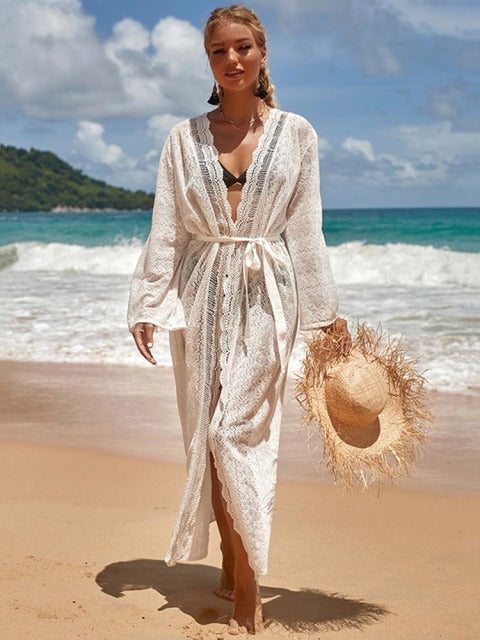 2022 Crochet White Knitted Beach Cover up dress Tunic Long Pareos Bikinis Cover ups Swim Cover up Robe Plage Beachwear