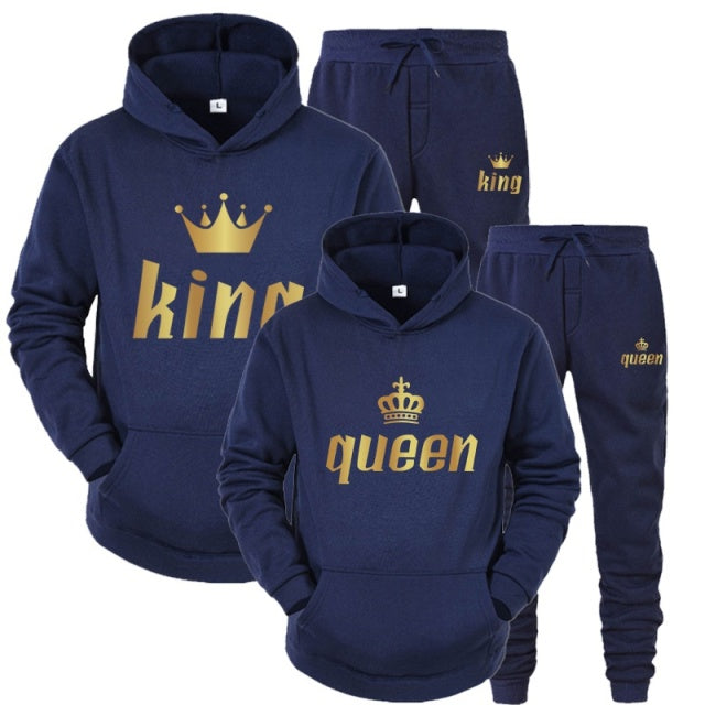 2022 Fashion Couple Sportwear Set KING or QUEEN Printed Lover Hooded Suits Hoodie and Pants 2pcs Set Streetwear Men Women Cloths