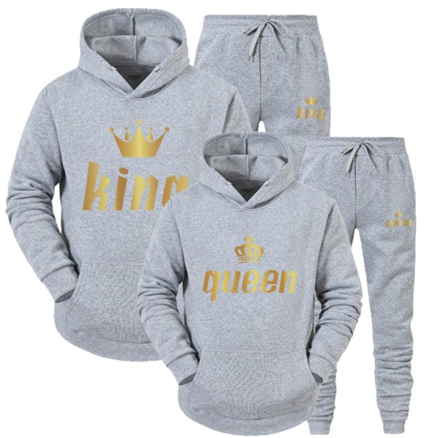 2022 Fashion Couple Sportwear Set KING or QUEEN Printed Lover Hooded Suits Hoodie and Pants 2pcs Set Streetwear Men Women Cloths