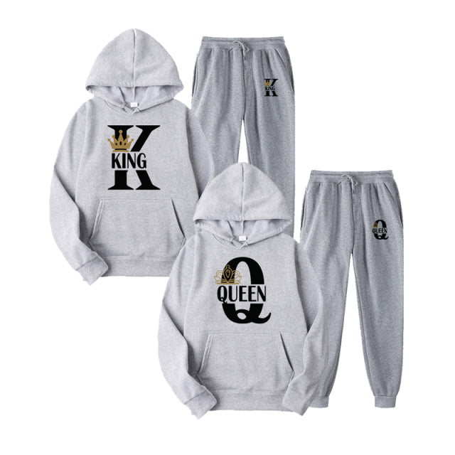 2022 Fashion Couple Sportwear Set KING or QUEEN Printed Lover Hooded Suits Hoodie and Pants 2pcs Set Streetwear Men Women Cloths