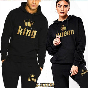 2022 Fashion Couple Sportwear Set KING or QUEEN Printed Lover Hooded Suits Hoodie and Pants 2pcs Set Streetwear Men Women Cloths