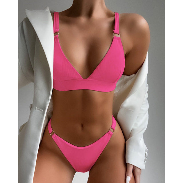 2022 New Sexy Ribbed Ring Bikinis Swimsuit Women Push Up Swimwear Solid Bikini Set Summer Beach Brazil Biquini Swim Bathing Suit