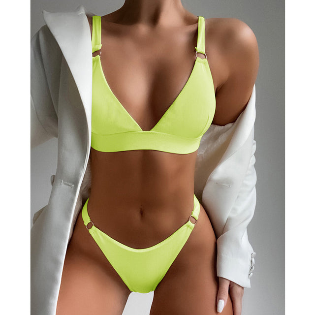 2022 New Sexy Ribbed Ring Bikinis Swimsuit Women Push Up Swimwear Solid Bikini Set Summer Beach Brazil Biquini Swim Bathing Suit