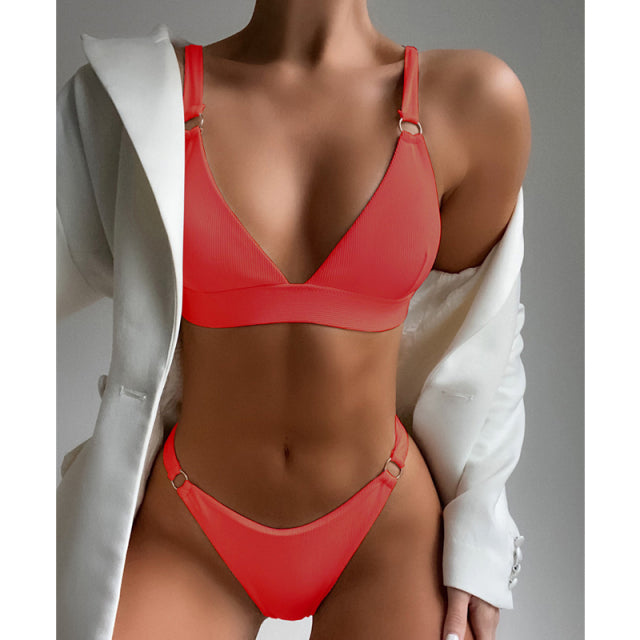 2022 New Sexy Ribbed Ring Bikinis Swimsuit Women Push Up Swimwear Solid Bikini Set Summer Beach Brazil Biquini Swim Bathing Suit