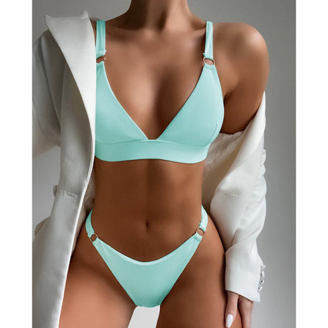 2022 New Sexy Ribbed Ring Bikinis Swimsuit Women Push Up Swimwear Solid Bikini Set Summer Beach Brazil Biquini Swim Bathing Suit