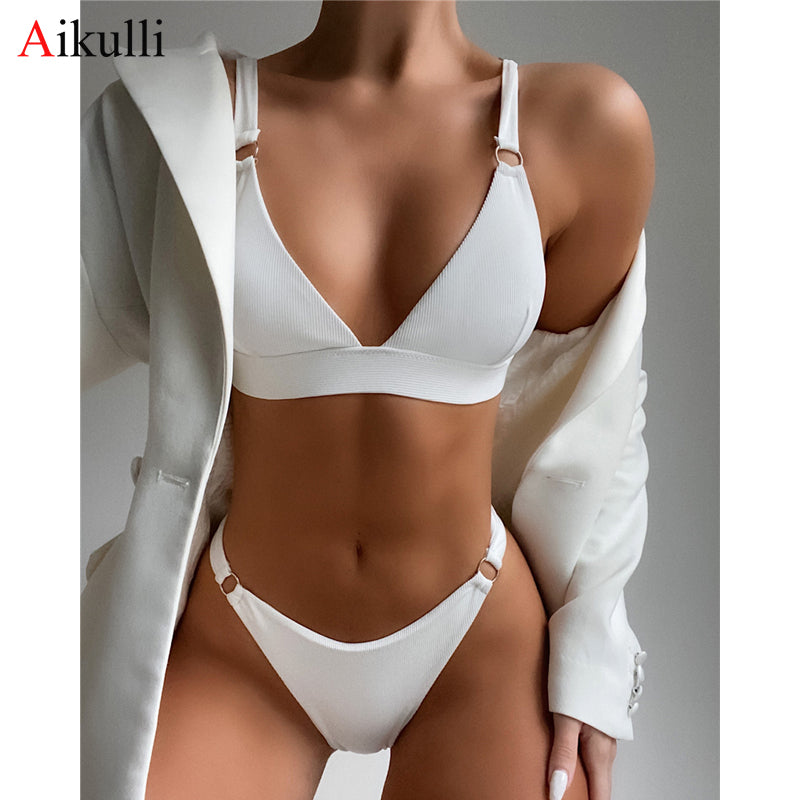 2022 New Sexy Ribbed Ring Bikinis Swimsuit Women Push Up Swimwear Solid Bikini Set Summer Beach Brazil Biquini Swim Bathing Suit