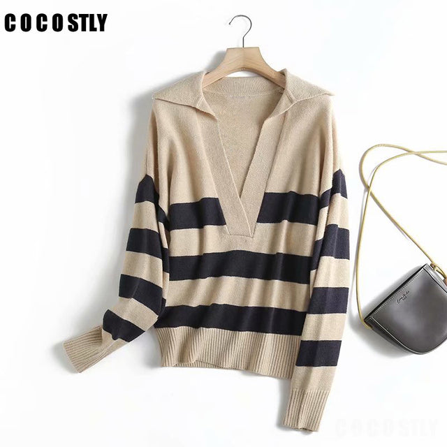 2022 Office Lady Striped V Neck Wool Women Sweaters Polo Shirt Long Sleeve Oversized Casual Wool Pullovers Female Sweaters