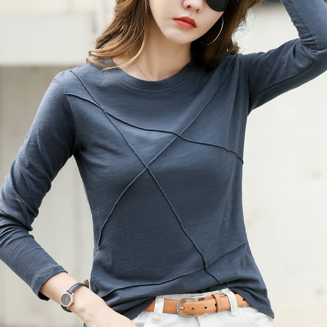 2022 Ribbed Sping Fashion Bamboo Cotton T-Shirt Autumn Women O-Neck Loose Simple Purple Tshirt Long Sleeve Ladies Green Cozy Top