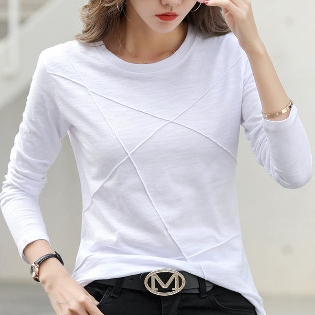 2022 Ribbed Sping Fashion Bamboo Cotton T-Shirt Autumn Women O-Neck Loose Simple Purple Tshirt Long Sleeve Ladies Green Cozy Top