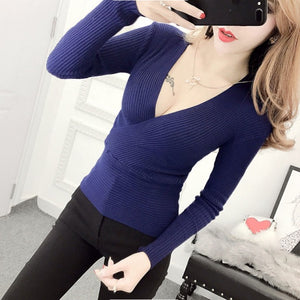 2022 Spring Sexy V-Neck Women Sweater Tops T-shirt Knitted Long Sleeve Thread Bottoming Slim Sweaters Pullover Jumper Soft Warm