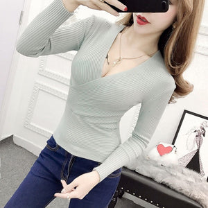 2022 Spring Sexy V-Neck Women Sweater Tops T-shirt Knitted Long Sleeve Thread Bottoming Slim Sweaters Pullover Jumper Soft Warm