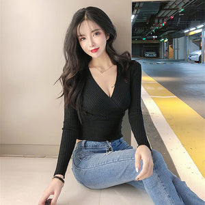 2022 Spring Sexy V-Neck Women Sweater Tops T-shirt Knitted Long Sleeve Thread Bottoming Slim Sweaters Pullover Jumper Soft Warm