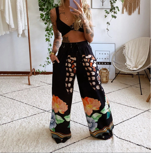 2022 Summer Women Fashion 2 Pieces Set Tracksuit Boho Print Sexy Sleeveless Crop Top Loose Wide Leg Pants Suits Female Clothing