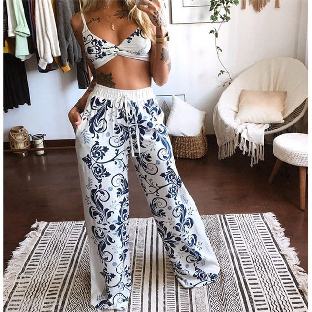 2022 Summer Women Fashion 2 Pieces Set Tracksuit Boho Print Sexy Sleeveless Crop Top Loose Wide Leg Pants Suits Female Clothing