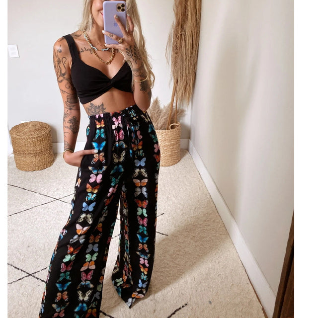 2022 Summer Women Fashion 2 Pieces Set Tracksuit Boho Print Sexy Sleeveless Crop Top Loose Wide Leg Pants Suits Female Clothing